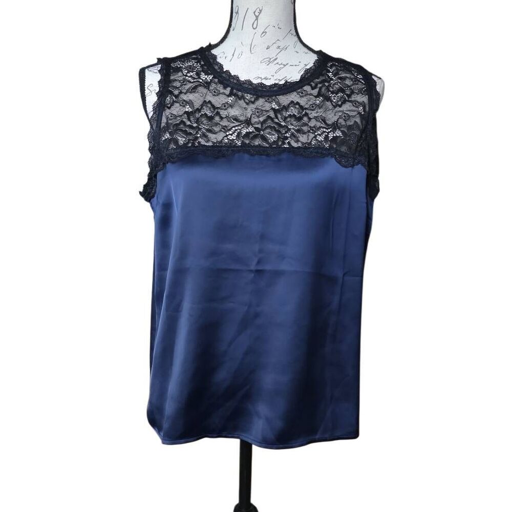 The Commons Women's Size Large Navy Satin Black Lace Yoke Sleeveless Blouse